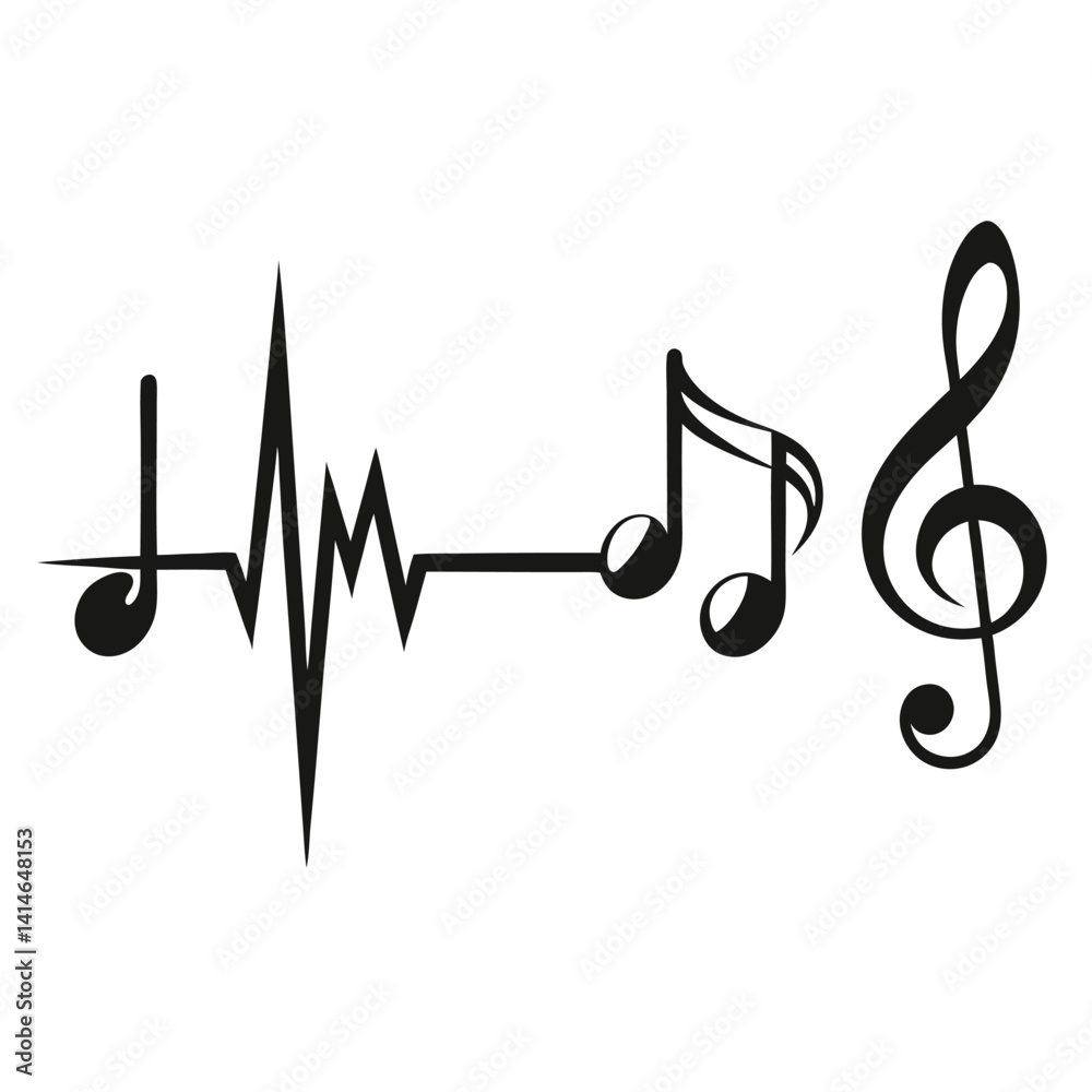 Heartbeat Music Line Vector – Treble Clef & Musical Note Graphic in Black and White