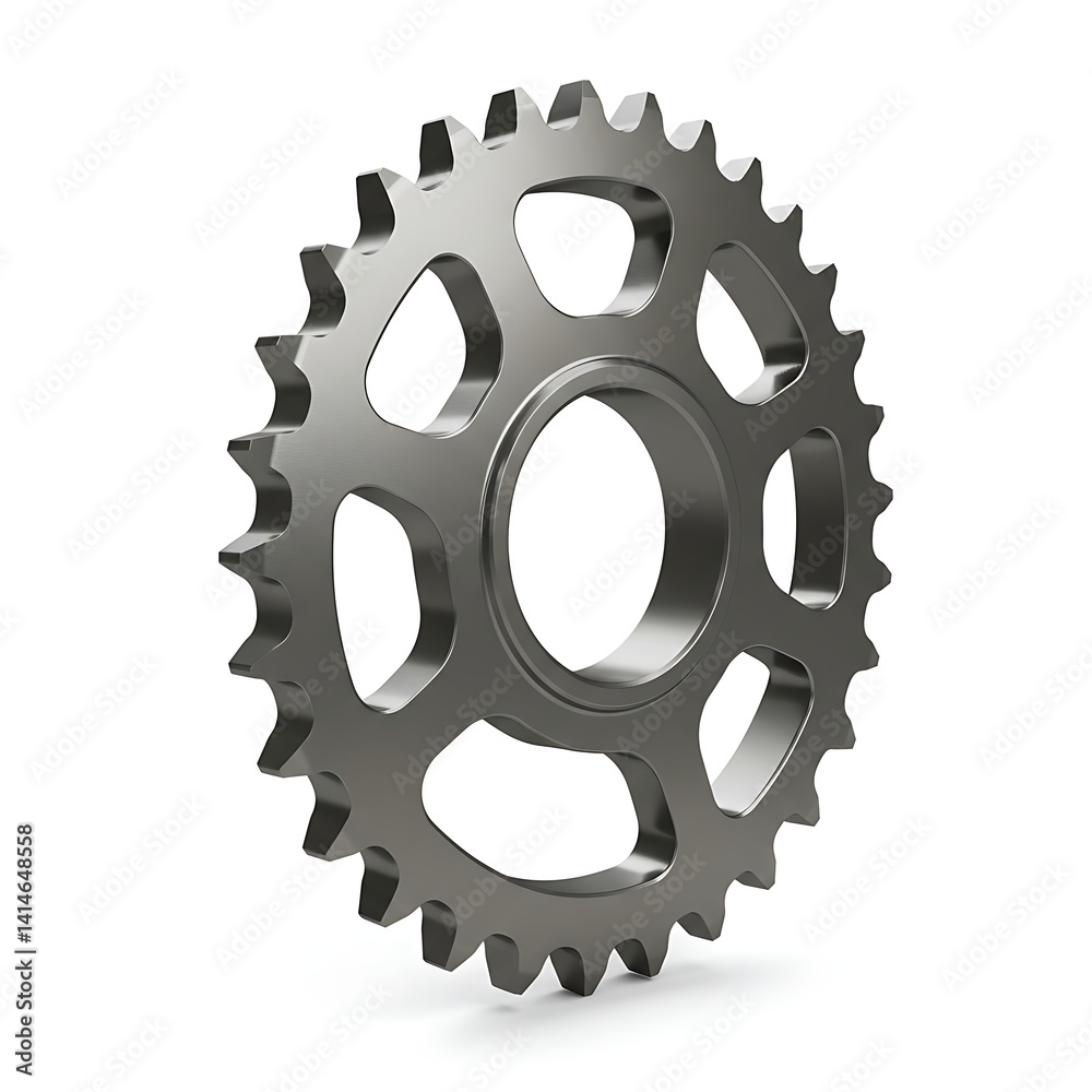 Metallic sprocket with intricate cutouts isolated on a clean white background Metallic sprocket with intricate cutouts isolated on a clean white background