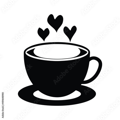 Black and White Line Drawing of Coffee Cup with Heart-Shaped Steam
