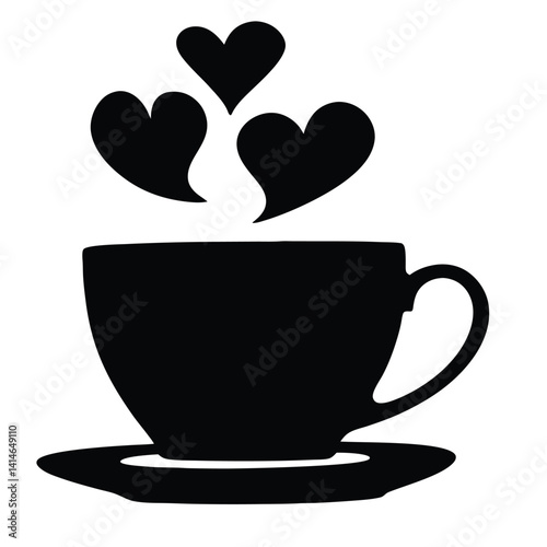 Black and White Line Drawing of Coffee Cup with Heart-Shaped Steam