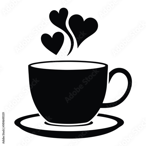 Black and White Line Drawing of Coffee Cup with Heart-Shaped Steam