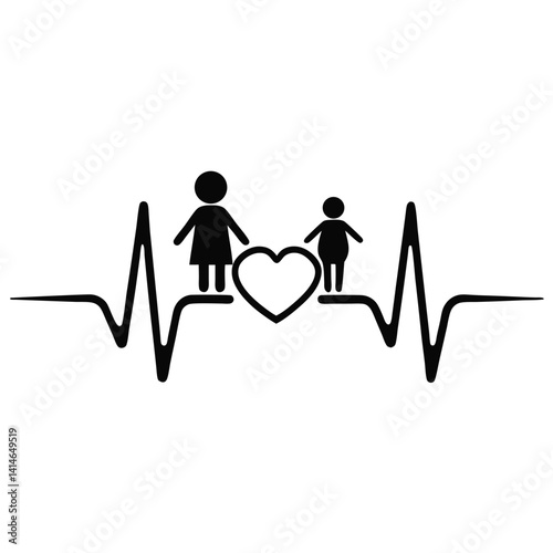 Black and White Heartbeat Graphic with Mother and Daughter Embrace
