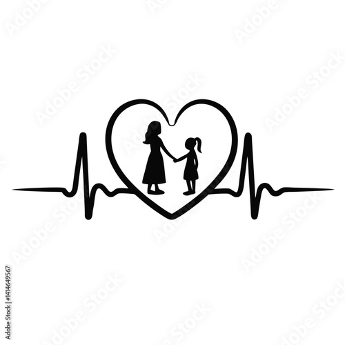Black and White Heartbeat Graphic with Mother and Daughter Embrace