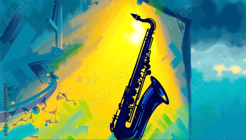 Digital sketch, brass saxophone silhouetted against rustic wall, strong hard light, vibrant complementary blues greens purples, dynamic motion, loose painterly strokes, misty atmosphere, blurred lines