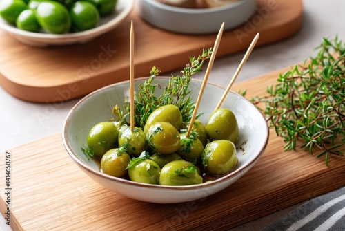 Green olives in a ceramic bowl 