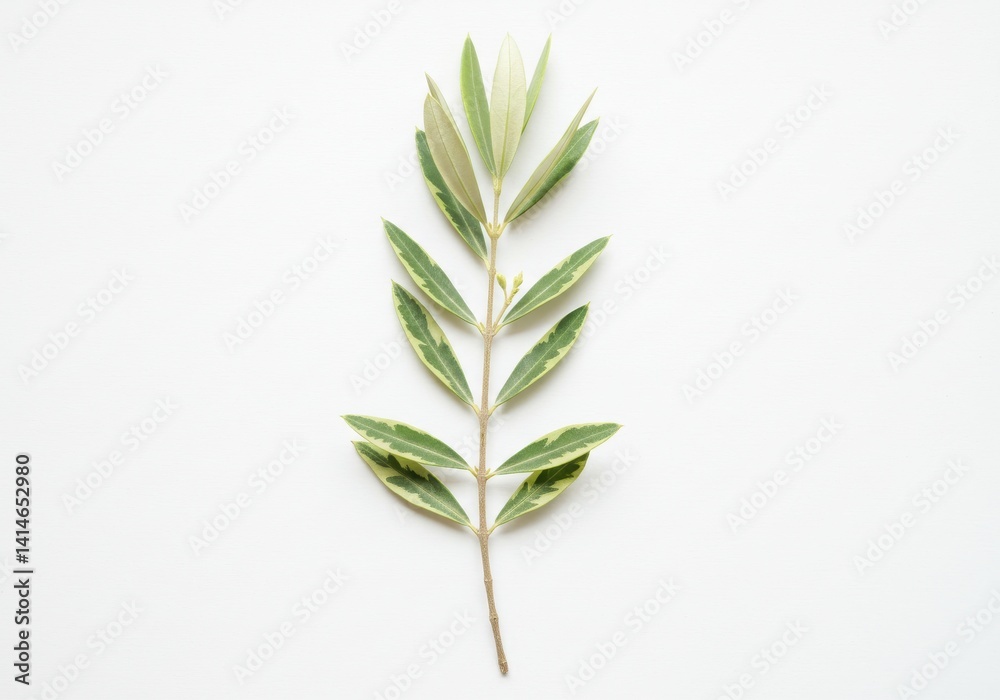 A single stem with green and white leaves isolated on a white background in a vertical orientation A single stem with green and white leaves isolated on a white background in a vertical orientation