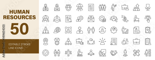 Human Resources icon set. Business related line icons: HR, recruitment, employment, office, management, business people, teamwork, resume, career and more. Editable stroke. Vector illustration.	