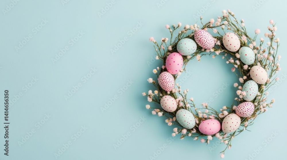A high quality image of Easter wreath with spring flowers centered with space around, on a light blue backdrop, bright and cheerful Easter theme A high quality image of Easter wreath with spring flowers centered with space around, on a light blue backdrop, bright and cheerful Easter theme