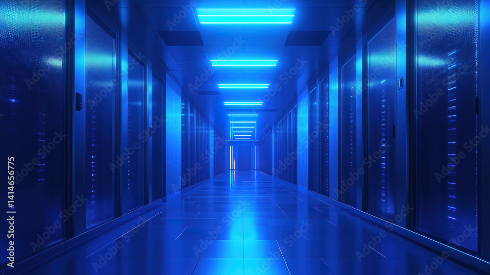 Fototapeta premium A server room illuminated in blue light showcases the elegance of modern digital infrastructure