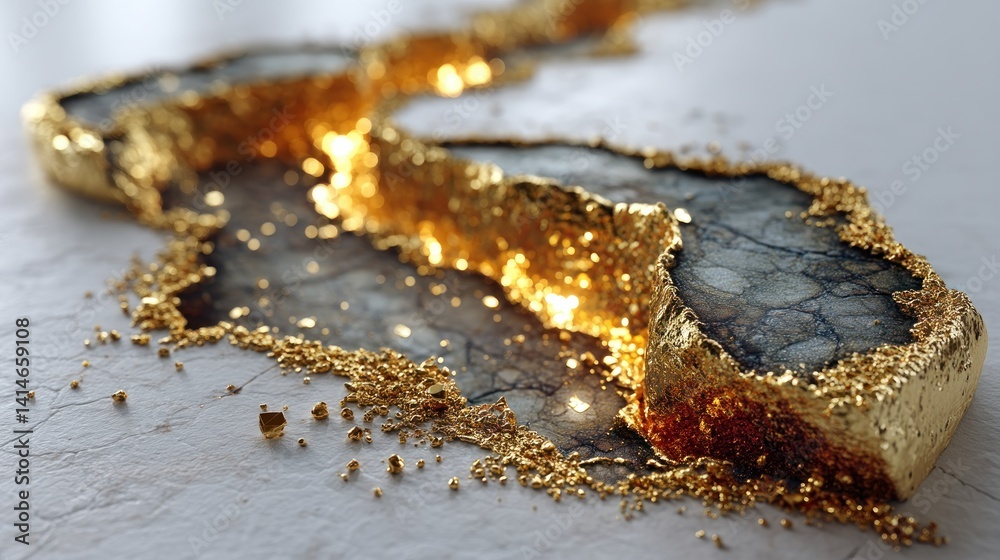 Fototapeta premium Stone crack filled with gold, reflecting light, on marble surface