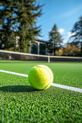 Tennis Ball on Lush Green Court, Ready for Tournament Play, Summer Sports Concept Wallpaper