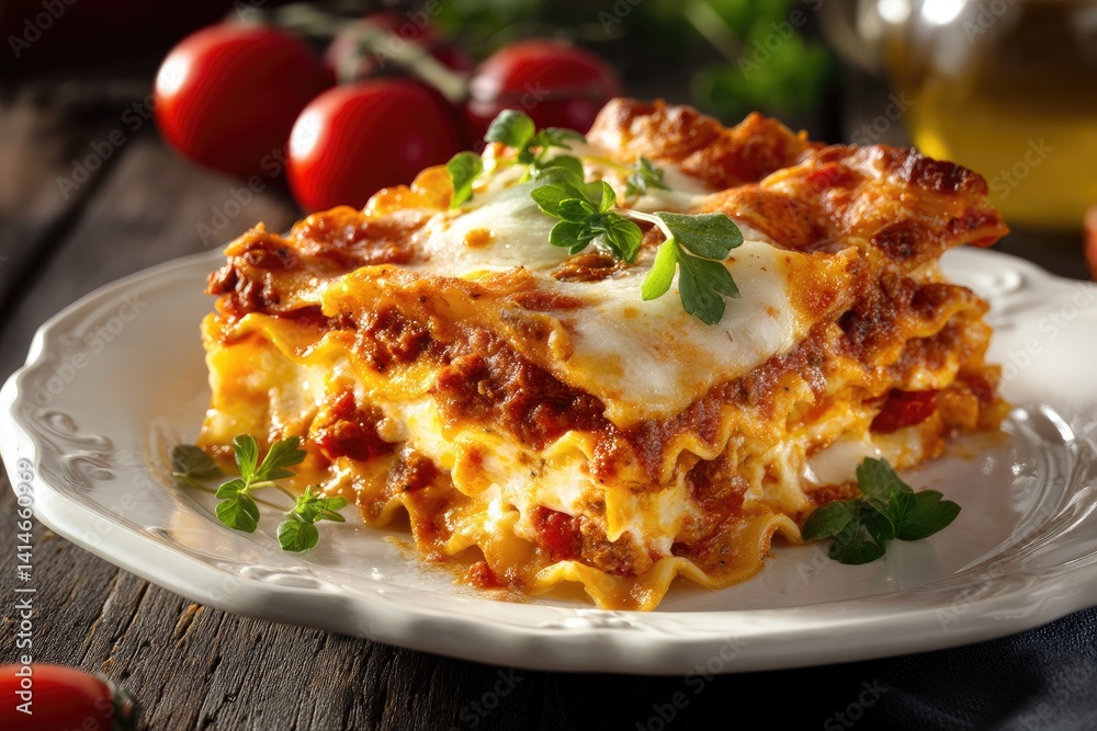A plate of freshly made lasagna with layers of cheese and rich tomato sauce A plate of freshly made lasagna with layers of cheese and rich tomato sauce