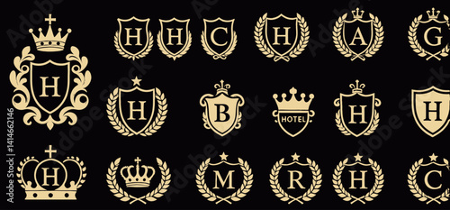 Golden Crest Logo Collection_ Luxury Heraldic Shields_ Monogram Emblems for Branding_ Corporate Identity Design Elements_ Premium Vector Graphics Set_Royal Insignia Design