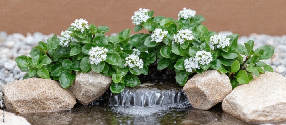 White flowers cascade over rocks near water. Garden design
