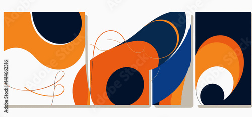 Abstract Geometric Art Prints_Modern Wall Decor with Orange_Navy Blue and Gold Accents_Set of Three Contemporary Artworks for Home or Office
