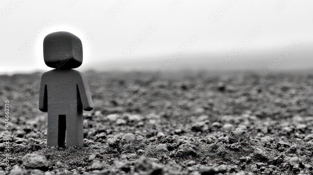 Lonely figure in barren landscape, contemplating future. Hope, uncertainty. Stock photo
