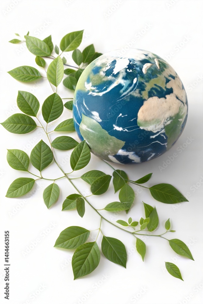 3D Earth Day concept with globe and green leaves on white background. (Mothers Day) 3D Earth Day concept with globe and green leaves on white background. (Mothers Day)