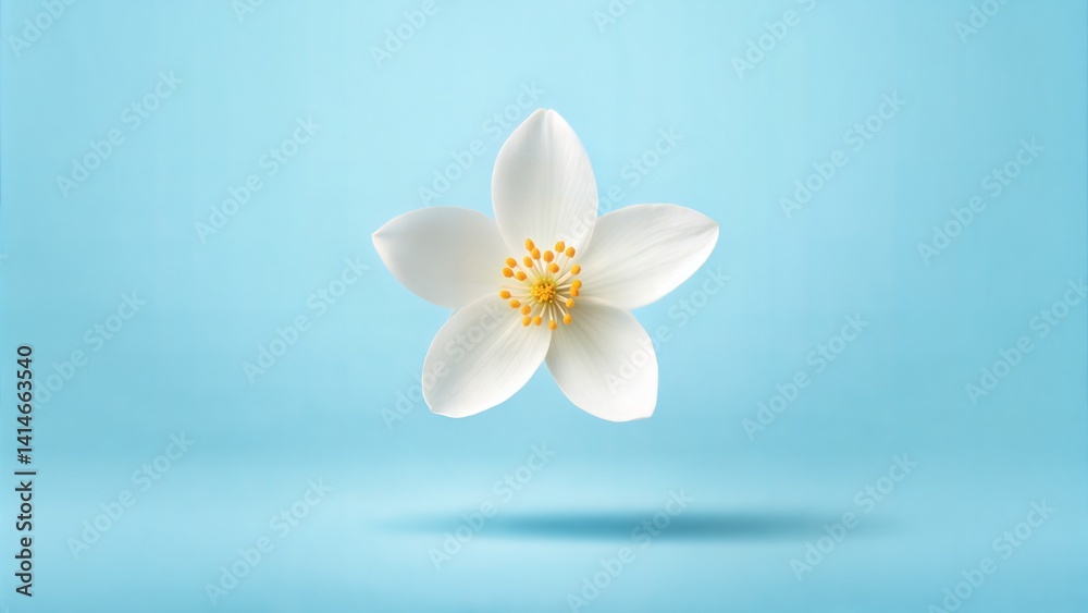 White jasmine flower floating against blue background, levitation concept. (Mothers Day) White jasmine flower floating against blue background, levitation concept. (Mothers Day)
