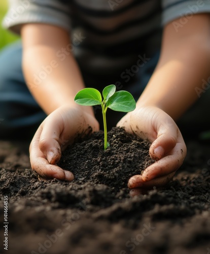 A child’s hands nurturing a small green plant in rich soil. Symbolizes growth, care, and eco-conscious education.