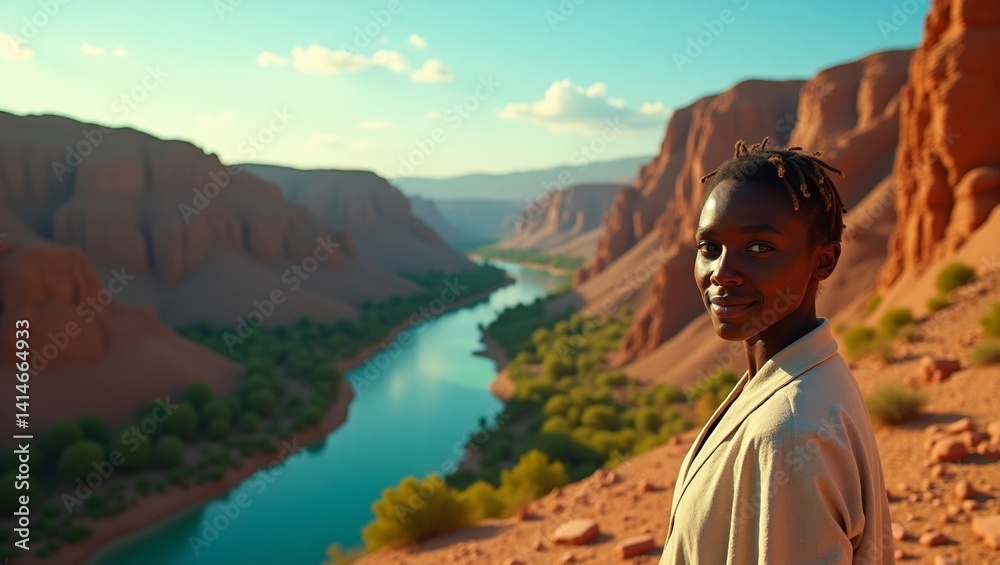 Woman Exploring a Canyon River Landscape Woman Exploring a Canyon River Landscape