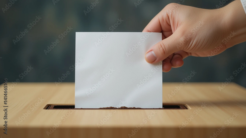 A close-up image of a hand gently inserting a blank white ballot into a wooden ballot box. A close-up image of a hand gently inserting a blank white ballot into a wooden ballot box.