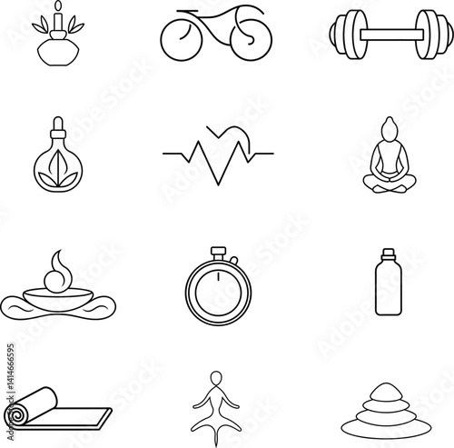 Lifestyle thin line icons set. Healthy lifestyle, sport, diet, entertainment icon. Editable stroke. Vector illustration