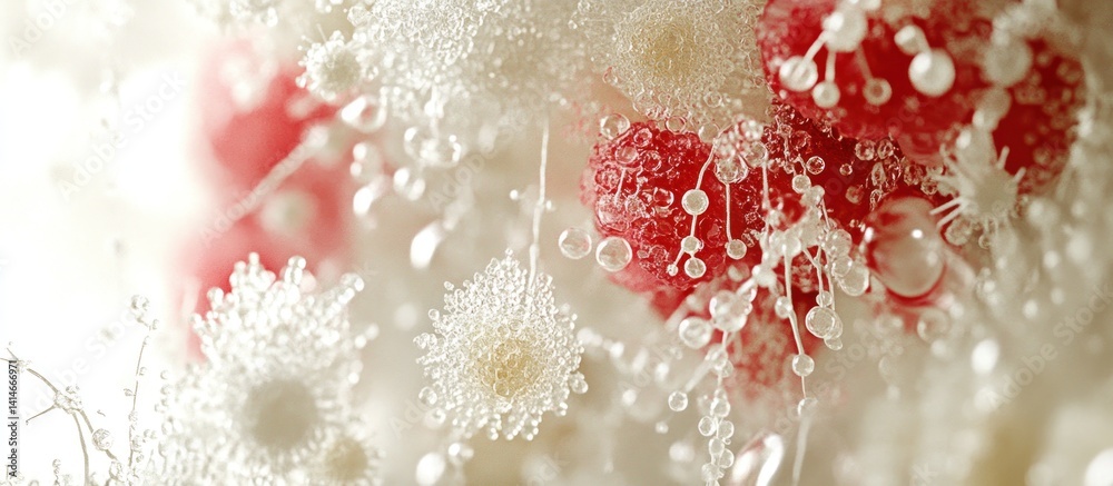 Fototapeta premium Microscopic red berries, water droplets, abstract background. Science image