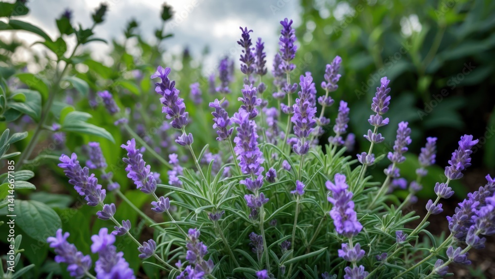 Obraz premium Blooming Lavender Flowers in a Lush Garden with Cloudy Skies