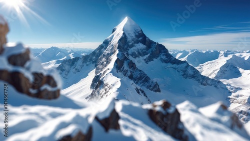 Snowy Mountain Peak Reaching Towards Bright Blue Sky on Sunny Day