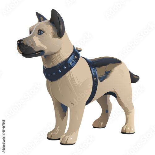 a detailed image of a dog in a light and dark coat with harness and leash