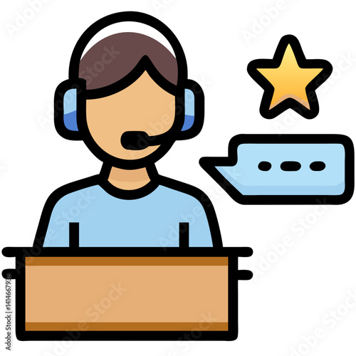 an illustration depicting a customer service representative with headset, speech bubble and star icon