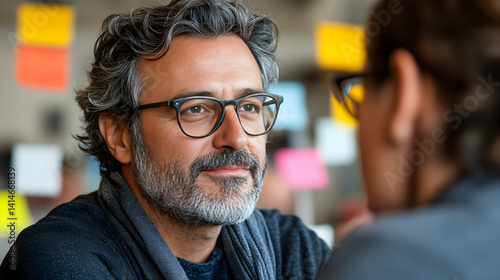 Gray haired man with glasses and beard looking at colleague office setting sticky notes wall brainstorming collaboration photo