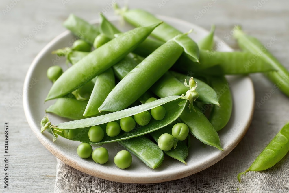 Fresh green peas arranged beautifully on plate, showcasing vibra Fresh green peas arranged beautifully on plate, showcasing vibra