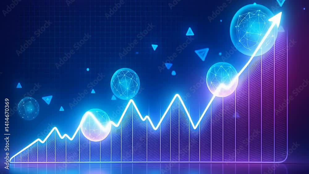 Glowing financial graph with upward trend and spherical data points representing growth and success

