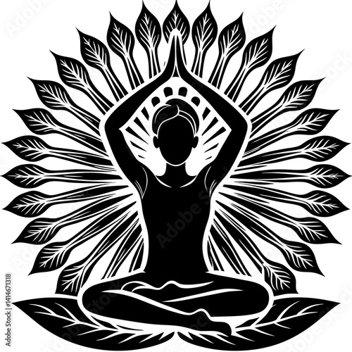 A person sits gracefully in a meditative yoga pose, framed by radiating leaves that symbolize peace, balance, and spiritual energy.