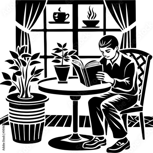 A young man sits peacefully at a round table by a window, engrossed in a book, as steam rises from coffee cups on the windowsill and potted plants add a cozy touch to the scene.