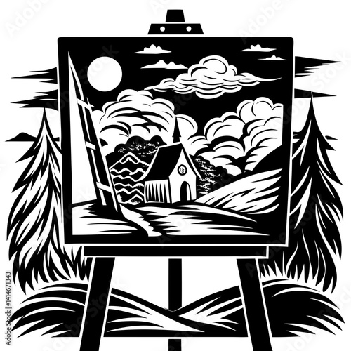 An easel stands in nature, holding a painting of a serene countryside scene with a small house, winding path, and dramatic sky, all illustrated in a bold black-and-white woodcut style.