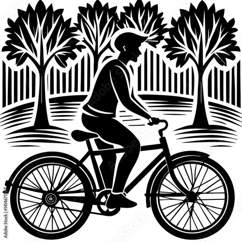 A person leisurely rides a bicycle through a park lined with tall trees, enjoying the peaceful surroundings and open space.
