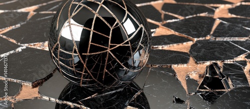 Wallpaper Mural Black sphere, gold cracks, surface. Abstract design background Torontodigital.ca