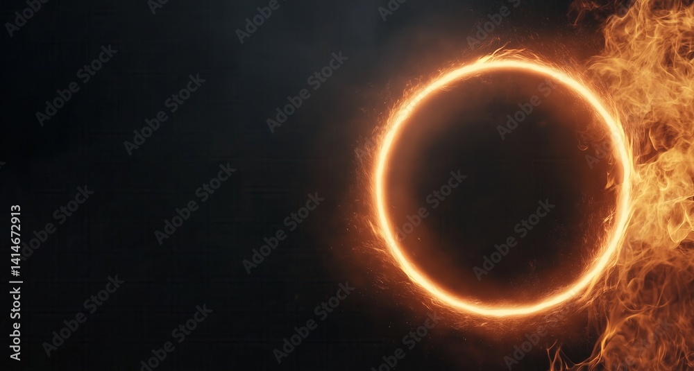 Naklejka premium A glowing fiery ring burns intensely against a dark background, radiating heat and energy. Flames rise from the edge, creating a mystical and powerful effect, perfect for fantasy, sci-fi