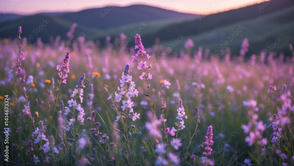 Obraz premium Wildflower Meadow at Dusk with Mountains in the Background