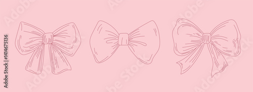 Elegant bow outlines in soft pink tones with minimal sketch style, ideal for blush-themed graphic design, tags, pattern elements, and trim decor.