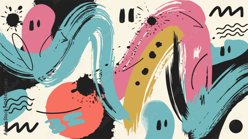 Obraz premium Vibrant Abstract Brush Stroke Art with Dots and Grunge Elements