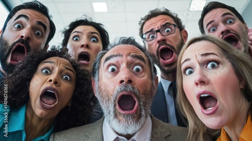 A diverse group of adults expressing a range of emotions through their facial expressions in an office environment.