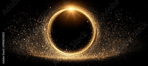 Golden Glitter, Sparkling Circle Light Frame on Black Background Luxury Texture Design Element