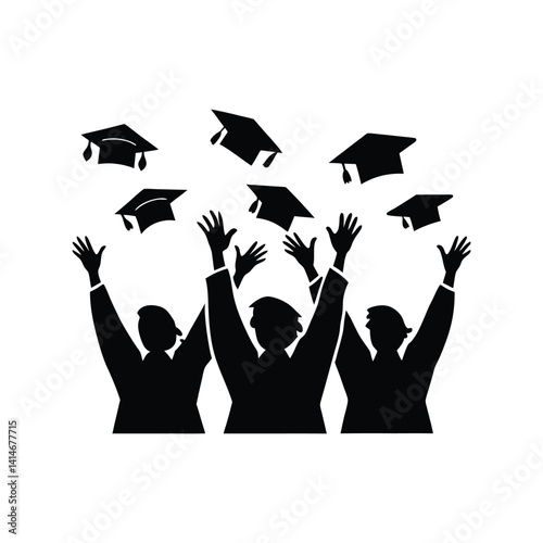 Graduation ceremony silhouette vector. Students throwing caps in air celebrating academic success