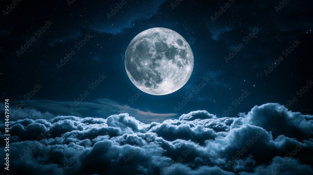 Full Moon Illuminating Night Sky with Fluffy White Clouds and Twinkling Stars, Photography Full Moon Illuminating Night Sky with Fluffy White Clouds and Twinkling Stars, Photography