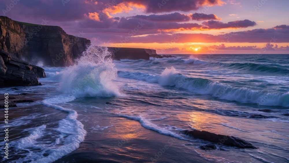 Obraz premium Ocean Wave Crashing on Rocky Shoreline at Colorful Sunset