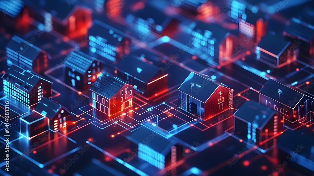 Smart City Network: A futuristic, abstract illustration depicting a network of interconnected houses, each with glowing windows, representing the interconnected nature of smart cities. Smart City Network: A futuristic, abstract illustration depicting a network of interconnected houses, each with glowing windows, representing the interconnected nature of smart cities.