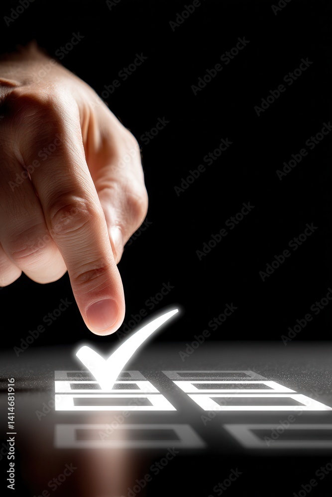 A hand presses a glowing checkmark on a dark, reflective surface, symbolizing selection or confirmation